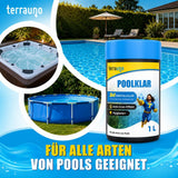 Eine deutsche Anzeige zeigt eine TerraUno Poolklar 3-in-1-Flasche vor einem Whirlpool, einem oberirdischen Pool und einem unterirdischen Pool. Im Text heißt es: Für alle Arten von Pools geeignet - kristallklares Wasser und Algenwachstum vorbeugen.