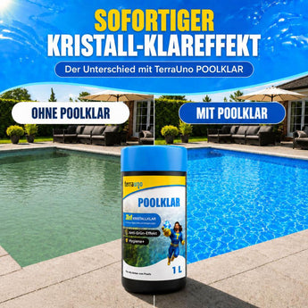 Ein TerraUno Poolklar 3-in-1-Werbebild zeigt einen Pool im Garten: Die linke Seite ohne Poolklar ist trüb, während die rechte Seite mit Poolklar kristallklares Wasser zeigt. Davor ist eine Poolklar 3-in-1-Flasche zu sehen.