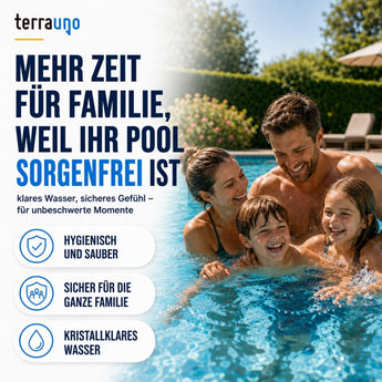 Eine lächelnde vierköpfige Familie genießt an einem sonnigen Tag das Schwimmen in einem klaren Außenpool. Drei Symbole heben die Vorteile hervor: hygienisch, familienfreundlich und kristallklares Poolwasser. Der deutsche Text unterstreicht den unbeschwerten Poolgenuss mit der Familie – ermöglicht durch innovative Lösungen wie TerraUno-Flockungskartuschen und eine Sandfilteranlage für optimale Wasserqualität.