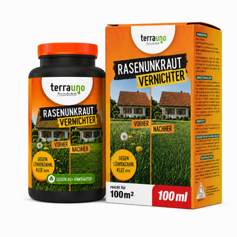 Eine Flasche und eine Schachtel TerraUno Flüssiger Unkrautvernichter mit Vorher/Nachher-Bildern des Rasens und einem Etikett, auf dem steht, dass es gegen Löwenzahn, Klee und mehr wirkt; behandelt bis zu 100 m² in einer Größe von 100 ml.