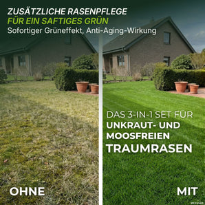 Geteilter Bildschirm mit zwei Rasenflächen vor einem Haus: Die linke Seite ist braun und lückenhaft mit der Beschriftung „OHNE“, während die rechte Seite üppig und grün ist mit der Beschriftung „MIT“. Der Text wirbt für eine effektive Rasenpflege mit dem TerraUno-Frühlingsstarter-Set und hochwertigem TerraUno-Rasensamen für einen grüneren, unkrautfreien Rasen.