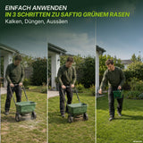 Ein Mann bringt mit einem grünen Streuer das „TerraUno Frühlingsstarter-Set“ auf dem Rasen aus und demonstriert dabei drei wesentliche Schritte der Rasenpflege: Kalken, Ausbringen von Rasendünger und Ausbringen von Rasensamen, wobei jeder Schritt des Vorgangs durch einen erklärenden deutschen Text detailliert beschrieben wird.