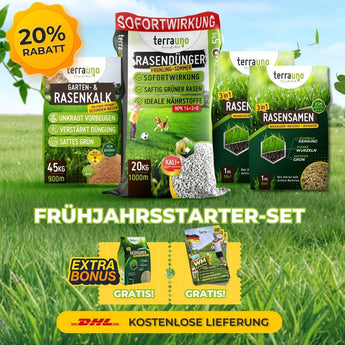 Ein Werbebild für das Frühlingsstarter-Set von TerraUno mit Rasensamen, Dünger und Kalk. Die Etiketten zeigen 20 Rabatt, Extra-Bonus und kostenlosen DHL-Versand.