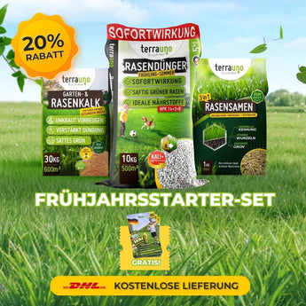 Werbebild für das TerraUno Frühlingsstarter-Set mit drei Rasenpflegeprodukten und Grassamen, mit dem Text: 20 Rabatt, Sofortwirkung, Gratis und DHL Kostenlose Lieferung auf einem üppig grünen Grashintergrund.