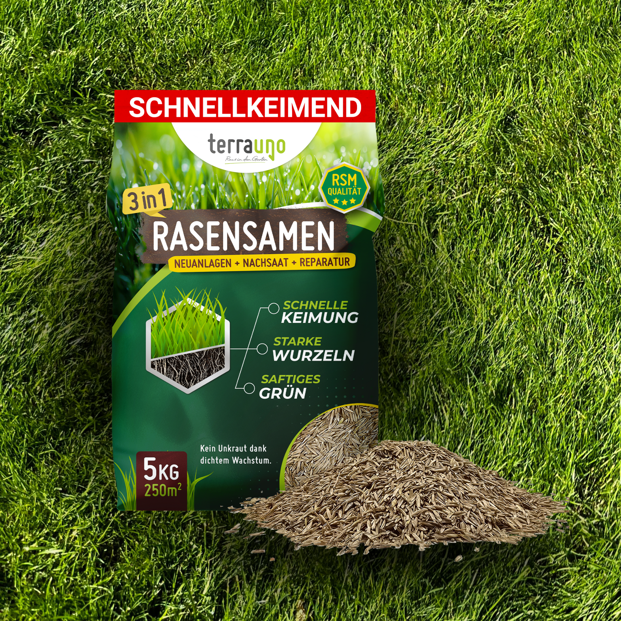 Rasen sen: So gelingt's ohne kahle Stellen  mit TerraUno RSM-Saat   Terrauno