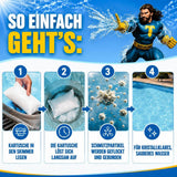 TerraUno Flockungskartuschen Infografik: 1. Kartusche in den Abschäumer legen. 2. Sie löst sich auf. 3. Der Schmutz verklumpt und der Sandfilter lässt sich leicht entfernen. 4. Genießen Sie kristallklares Poolwasser.