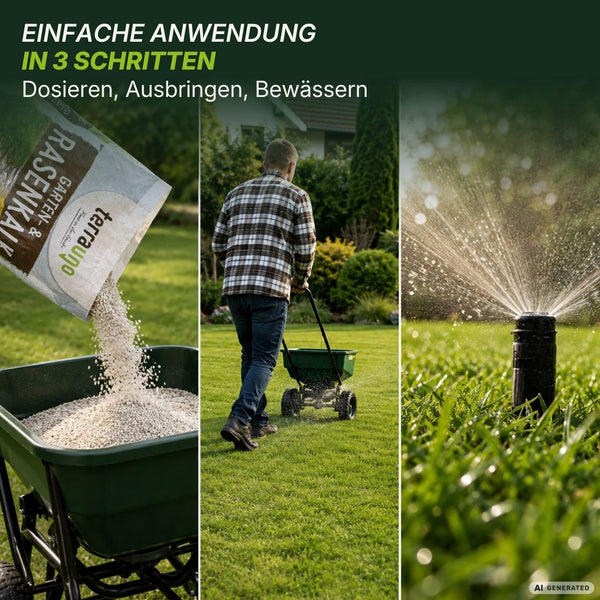 Man düngt den Rasen in drei einfachen Schritten: Zunächst füllt man Garten- und Rasenkalk von TerraUno in einen Streuwagen, dann verteilt man ihn auf dem Rasen, um den pH-Wert zu regulieren und den Rasen moosfrei zu halten. Abschließend wird der Rasen mit einem Rasensprenger bewässert. Eine Anleitung auf Deutsch erklärt diesen unkomplizierten 3-Schritte-Prozess.