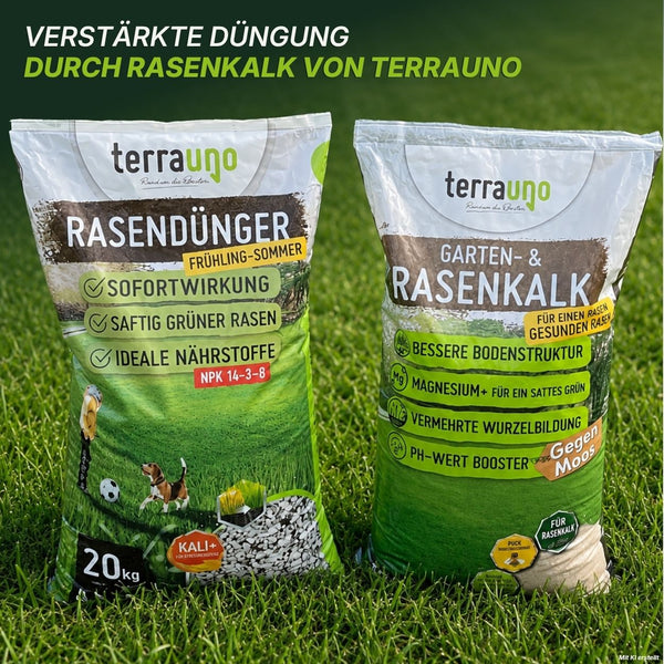 Auf einer Rasenfläche sind zwei TerraUno-Rasenpflegesäcke mit den Produkten „Rasendünger“ und „Garten-  Rasenkalk“ ausgestellt. Auf jedem Sack werden Vorteile wie Nährstoffversorgung, Regulierung des pH-Werts und Moosvorbeugung moosfrei durch fettgedruckten Text und anschauliche, vom Rasen inspirierte Grafiken hervorgehoben.