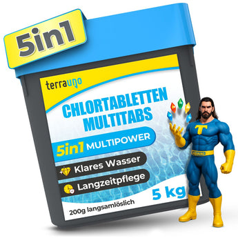 Ein 5-kg-Eimer mit „TerraUno Chlortabletten 5 in 1 – 200 g Multitabs zur Langzeitpflege“, speziell entwickelt für die einfache Poolpflege. Neben dem Produkt steht ein Comic-Superheld, der leuchtende Kristalle in den Händen hält, was das Versprechen von klarem Wasser und langfristiger Pflege unterstreicht.