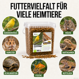 Auf einer durchsichtigen Verpackung von TerraUno Premium Mehlwürmern sind Bilder von Haustieren zu sehen, und der deutsche Text hebt hervor, dass es sich um ein proteinreiches Einzelfuttermittel und eine vielseitige Nahrung für viele Haustiere handelt.