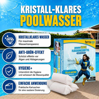 Die Verpackung für TerraUno Flockungskartuschen Pool-Klärer wird durch einen Pool dargestellt. Der Text hebt hervor: kristallklares Poolwasser, Anti-Grün-Effekt, bessere Hygiene und einfache Verwendung mit Sandfiltern. Vorne sind zwei weiße Kartuschen abgebildet.