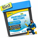 Ein 5 kg TerraUno Mini Chlortabletten - Multitabs 5in1 20g Behälter für kleine Pools, mit der Aufschrift Multipower. Ein blau-gelbes Superhelden-Maskottchen steht neben dem Produkt und zeigt auf es.