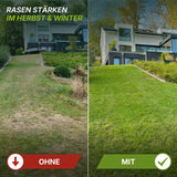 Das geteilte Bild zeigt einen abfallenden Rasen vor und nach der Pflege: Die linke Seite ist lückenhaft und braun OHNE, während die rechte Seite üppig und grün ist MIT. Im Hintergrund ist ein modernes Haus zu sehen. Der Text hebt hervor, wie die Vorbereitung Ihres Rasens auf den Winter mit „TerraUno Premium – Herbst-Rasendünger“ diesen im Herbst und Winter wirksam stärken kann.