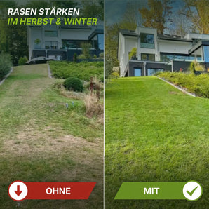 Das geteilte Bild zeigt einen abfallenden Rasen vor und nach der Pflege: Die linke Seite ist lückenhaft und braun OHNE, während die rechte Seite üppig und grün ist MIT. Im Hintergrund ist ein modernes Haus zu sehen. Der Text hebt hervor, wie die Vorbereitung Ihres Rasens auf den Winter mit „TerraUno Premium – Herbst-Rasendünger“ diesen im Herbst und Winter wirksam stärken kann.