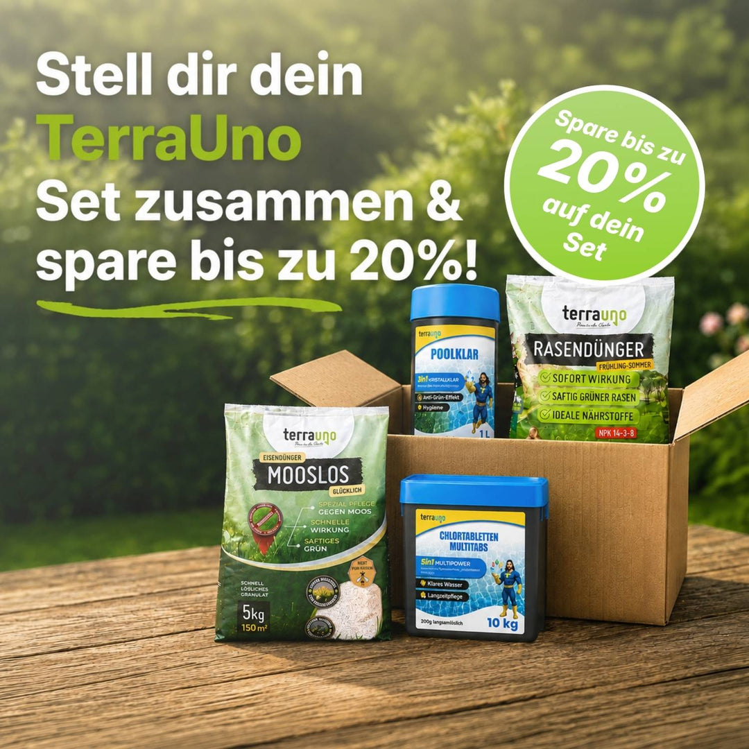 Auf einem Tisch im Freien steht ein Karton mit TerraUno-Gartenprodukten. Der Text auf der linken Seite lautet: Stell dir dein TerraUno-Set zusammen  spare bis zu 20  In einem grünen Kreis steht: Spare bis zu 20  auf dein Set.