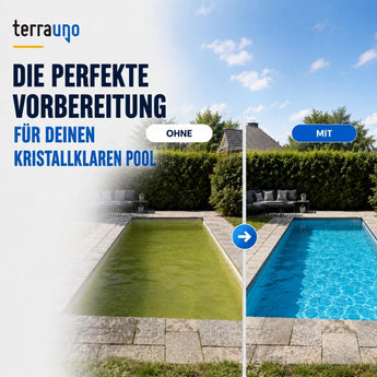 Ein geteiltes Bild eines Pools im Garten: Auf der linken Seite ist ein grünes, trübes Wasser zu sehen, während auf der rechten Seite ein klares, blaues Wasser zu sehen ist. Der deutsche Text regt dazu an, den Pool für kristallklares Wasser vorzubereiten, und betont die Bedeutung von TerraUno pH-MINUS Granulat, um den pH-Wert zu senken.