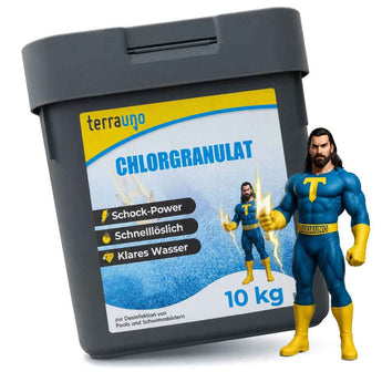 Ein 10-kg-Behälter mit TerraUno-Chlorgranulat ist neben einem Comic-Superhelden in einem blau-gelben Kostüm abgebildet und hebt stolz seine Aktivchlor-Formel für eine zuverlässige Poolwasserdesinfektion und eine hervorragende Reinigungsleistung im Pool hervor.