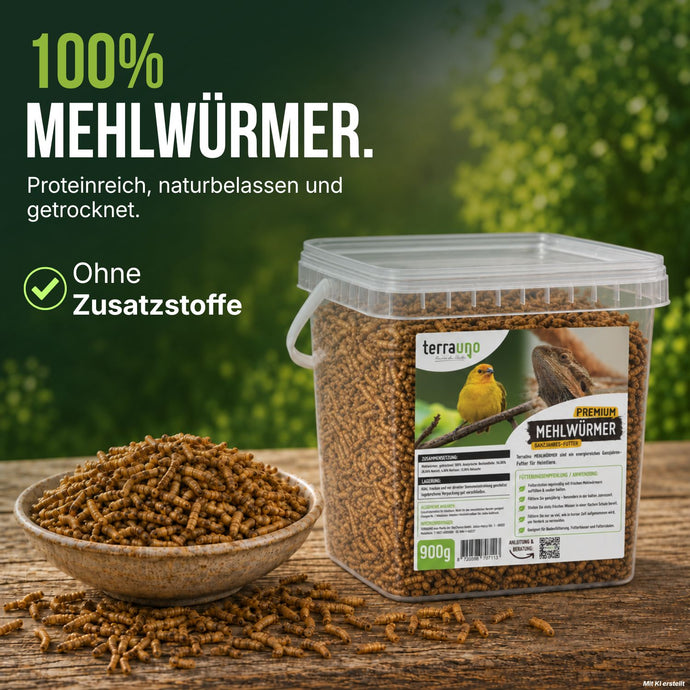 100 % getrocknete Mehlwürmer ohne Zusatzstoffe in der Schale neben dem TerraUno 900-g-Eimer