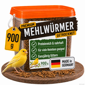 TerraUno Premium Mehlwürmer getrocknet 900 g im Eimer mit Kanarienvogel – proteinreiches Ganzjahresfutter für Heimtiere