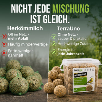 Vergleich herkömmliche Meisenknödel im Plastiknetz und TerraUno Meisenknödel ohne Netz