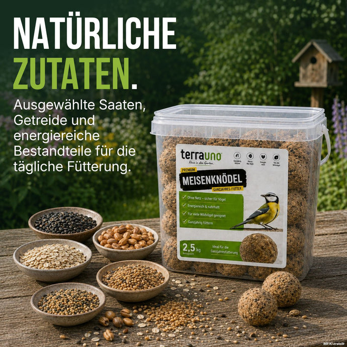 Zutaten der TerraUno Meisenknödel: Saaten, Getreide und energiereiche Bestandteile in Schalen neben dem Eimer