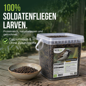 100 % getrocknete Soldatenfliegenlarven in der Schale neben dem TerraUno 1-kg-Eimer