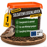 TerraUno Premium Soldatenfliegenlarven getrocknet 1 kg im Eimer mit Spatz – Ganzjahresfutter für Wildvögel, Made in EU