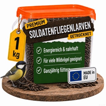 TerraUno Premium Soldatenfliegenlarven getrocknet 1 kg im Eimer – Futter für Wildvögel mit Kohlmeise