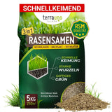Ein 5kg-Sack Terrauno Rasensamen - Nachsaat, Reparatur und Neuanlage bietet RSM-Qualität für neue Rasenflächen und Reparaturen. Schnelle Keimung, starke Wurzeln, sattes Grün; reicht für 250m². Neben der Tüte ist ein kleiner Samenhaufen abgebildet.