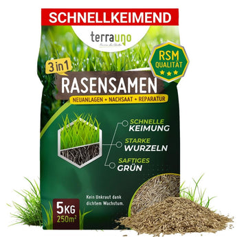 Ein 5kg-Sack Terrauno Rasensamen - Nachsaat, Reparatur und Neuanlage bietet RSM-Qualität für neue Rasenflächen und Reparaturen. Schnelle Keimung, starke Wurzeln, sattes Grün; reicht für 250m². Neben der Tüte ist ein kleiner Samenhaufen abgebildet.