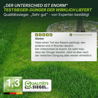 Auf „grüner Rasen“ wird eine verifizierte Kundenbewertung für „TerraUno Rasendünger Sommer und Frühling“ angezeigt, in der dessen Wirksamkeit gelobt wird. Unten unterstreichen die Bewertung „1,3 – Sehr gut“ und ein „Qualitätssiegel“-Emblem die Qualität und Bewertung des Produkts.