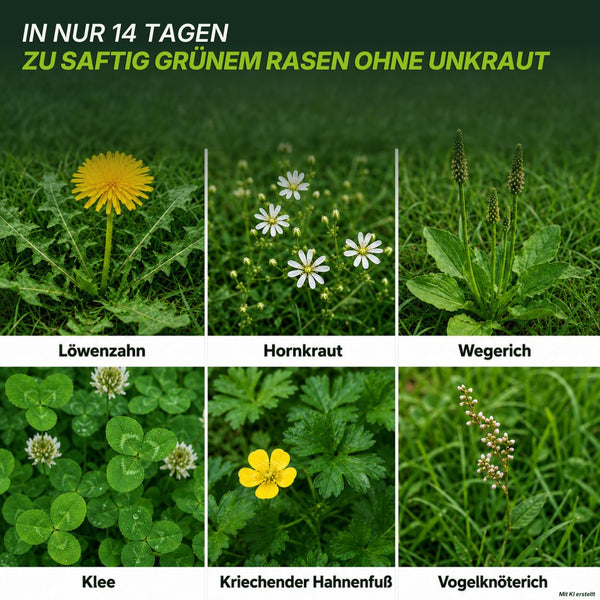 Rasterdarstellung von sechs häufig vorkommenden Rasenunkräutern – Löwenzahn, Vogelmiere, Wegerich, Klee, Kriechender Hahnenfuß und Knöterich – auf grünem Rasen. Der deutsche Text erklärt, wie „TerraUno Premium – Rasendünger mit Unkrautvernichter 22-5-5“ dazu beitragen kann, Ihren Rasen unkrautfrei zu halten, indem er eine gezielte Unkrautbekämpfung und ausgewogene NPK-Nährstoffe liefert.