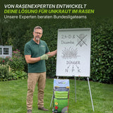 Ein Mann steht vor einer Weißwandtafel mit einer Zeichnung von Gras und Unkraut und erklärt das Angebot „Unkrautvernichter mit Rasendünger“ von TerraUno. Er befindet sich in einem Garten und zeigt auf die Tafel, um zu veranschaulichen, wie man einen unkrautfreien Rasen erzielt. Vor ihm steht ein Sack mit TerraUno-Dünger, der verspricht, dass Ihr Rasen in 14 Tagen unkrautfrei sein wird.