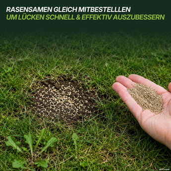 Eine Hand streut Rasensamen auf eine kahle Stelle im Rasen, begleitet von einem deutschen Text, der für „TerraUno Premium – Rasendünger mit Unkrautvernichter 22-5-5“ wirbt, mit dem sich Lücken schnell und effektiv schließen lassen und Ihr Rasen unkrautfrei bleibt.