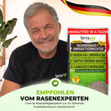 Ein lächelnder Mann sitzt neben einem TerraUno Unkrautvernichter mit Rasendünger - Angebot. Der Text wirbt für "unkrautfrei in 14 Tagen" und nachhaltige Ergebnisse, eine deutsche Flagge unterstreicht die Szene.