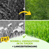 In nur 14 Tagen verwandelt TerraUno Unkrautvernichter mit Rasendünger - Angebot lückenhaften Rasen in einen üppigen, unkrautfreien Rasen mit Langzeitdüngung. Text: Unkrautfrei in 14 Tagen dank 2-in-1 Rasendünger + Langzeitdüngung.