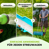 Eine Anleitung zur Rasenpflege in drei Schritten: Rasen wässern, TerraUno Unkrautvernichter mit Rasendünger - Angebot mit Handschuhen in eine blaue Streuschale füllen und ausbringen. Text: "Einfache Anwendung für jeden Streuwagen.