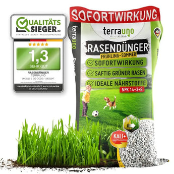 Ein Sack Terrauno Rasendünger Frühjahr und Sommer - Angebot steht auf grünem Rasen neben Düngepellets, trägt eine 1,3 Qualitätsplakette und ist SOFORTWIRKUNG-ideal gegen Moos und Unkraut.