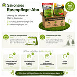 Ein geöffneter Karton mit TerraUno Rasendünger - Sparabo steht auf einer Wiese. Darüber: "Saisonales Sparabo für perfekten Rasen." Darunter Vorteile und Infos zum Abo als Symbole und Text.