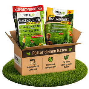Ein Karton mit der Aufschrift "Füttere deinen Rasen" enthält zwei Tüten TerraUno Rasendünger - Sparabo für Frühling/Sommer und Herbst, platziert auf saftigem Gras. Die Verpackung wirbt mit grünen Häkchen und Produkteigenschaften für die Abo-Vorteile.