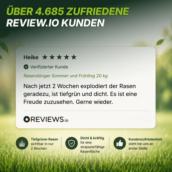 Eine deutsche Bewertung lobt TerraUnos Rasendünger - Sparabo für sichtbare Ergebnisse und perfekten Rasen. Grün-weiße Grafiken zeigen die Bewertung, Sterne und Symbole für sichtbare Ergebnisse, üppige Rasenflächen und Kundenzufriedenheit.