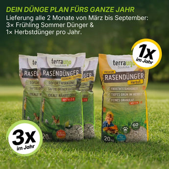 Drei Säcke TerraUno Rasendünger - Sparabo, für Frühjahr-Sommer und Herbst, werden auf Rasen gezeigt. Der Jahresplan liefert Nährstoffe für einen perfekten Rasen-3 mal im Frühjahr-Sommer, einmal im Herbst.