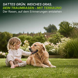 Ein kleines Kind und ein Golden Retriever sitzen auf saftig grünem Gras, umgeben von Blumen. Der deutsche Text oben wirbt für TerraUno Rasendünger - Sparabo für einfache Rasenpflege mit einem smarten Abo Rasenpflege-Abo.