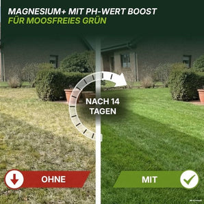 Ein geteiltes Bild zeigt einen Rasen: Die linke Seite wirkt gelb und glanzlos und ist mit „OHNE“ beschriftet, während die rechte Seite üppig und leuchtend grün ist und mit „MIT TerraUno Garten-  Rasenkalk“ beschriftet ist. Darüber hebt ein Text die sichtbare Verbesserung durch die Beseitigung von Moos nach 14 Tagen hervor, die dank regulierter Magnesium- und pH-Werte für einen gesünderen Rasen erzielt wurde.