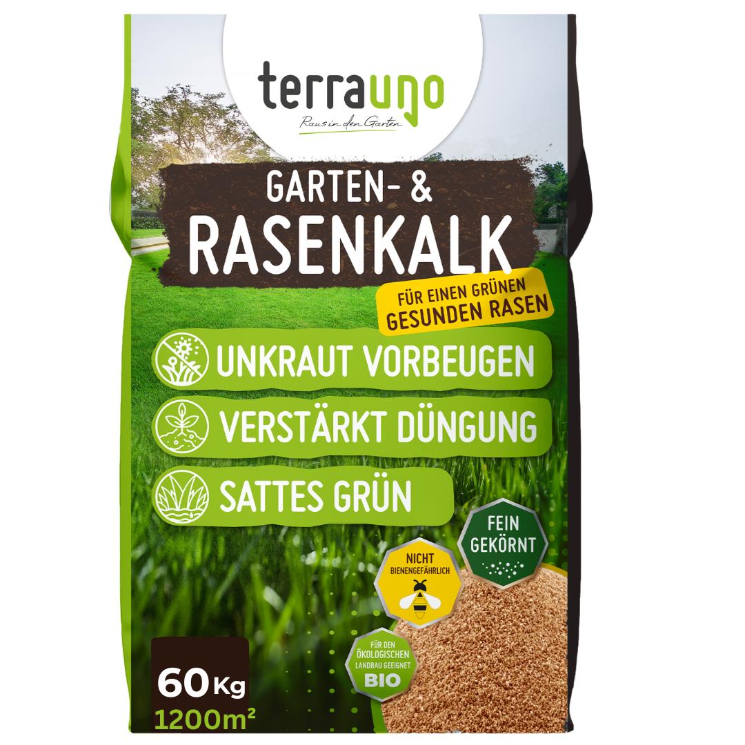 Das 60 kg Rasenkalk - Angebot von Terrauno behandelt bis zu 1200 m², reguliert den pH-Wert, verhindert Unkraut, verbessert die Düngung und sorgt für einen moosfreien Rasen. Feines Granulat in grüner Verpackung mit Rasenkalk-Imitat für üppige Ergebnisse.