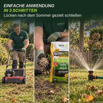 Drei Bilder zeigen einen Mann, der den Rasen mäht, „TerraUno Rasenretter  Vertikutiermix“ aus einem gleichnamigen Beutel ausstreut, sowie einen Sprinkler, der den Garten bewässert. Damit wird ein dreistufiger Rasenpflegeprozess für eine effektive Rasenregeneration veranschaulicht.