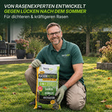Ein lächelnder Mann, der eine Brille und Handschuhe trägt, kniet auf einem grünen Rasen und hält eine Tüte „TerraUno Rasenretter  Vertikutiermix“ in der Hand. Der Text darüber hebt hervor, dass das Produkt von TerraUno fachmännisch entwickelt wurde, um dichteres und gesünderes Gras zu fördern, und sich somit ideal für eine effektive Rasenregeneration eignet.