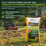 Ein Beutel „TerraUno Rasenretter  Vertikutiermix“, der hochwertigen Rasensamen und einen Bodenaktivator enthält, steht auf sonnendurchflutetem Rasen. Im Hintergrund bedient eine Person einen Rasenvertikutierer. Ein Informationstext hebt die Vorteile und die Anwendung dieser wirksamen Mischung zur Wiederbelebung von Rasenflächen nach dem Vertikutieren hervor.