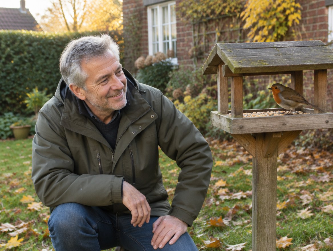 Gartenbesitzer beobachtet ein Rotkehlchen am Futterhaus