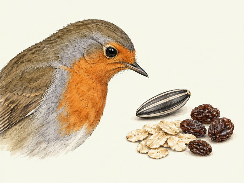 Illustration Rotkehlchen mit feinem Schnabel vor einem ungeschälten Sonnenblumenkern, daneben Haferflocken und Rosinen